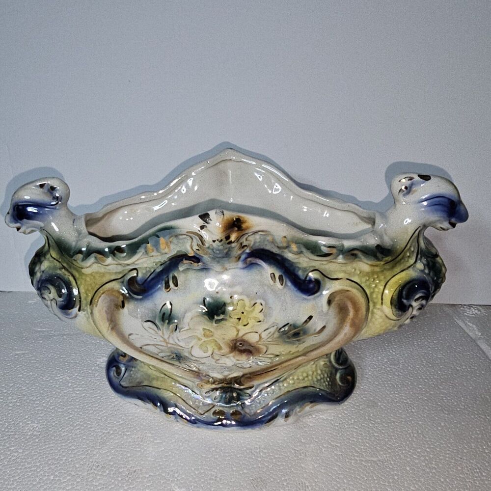 Antique White Porcelean Planter Highn Low Relief Phytomorphic Handles High Gloss